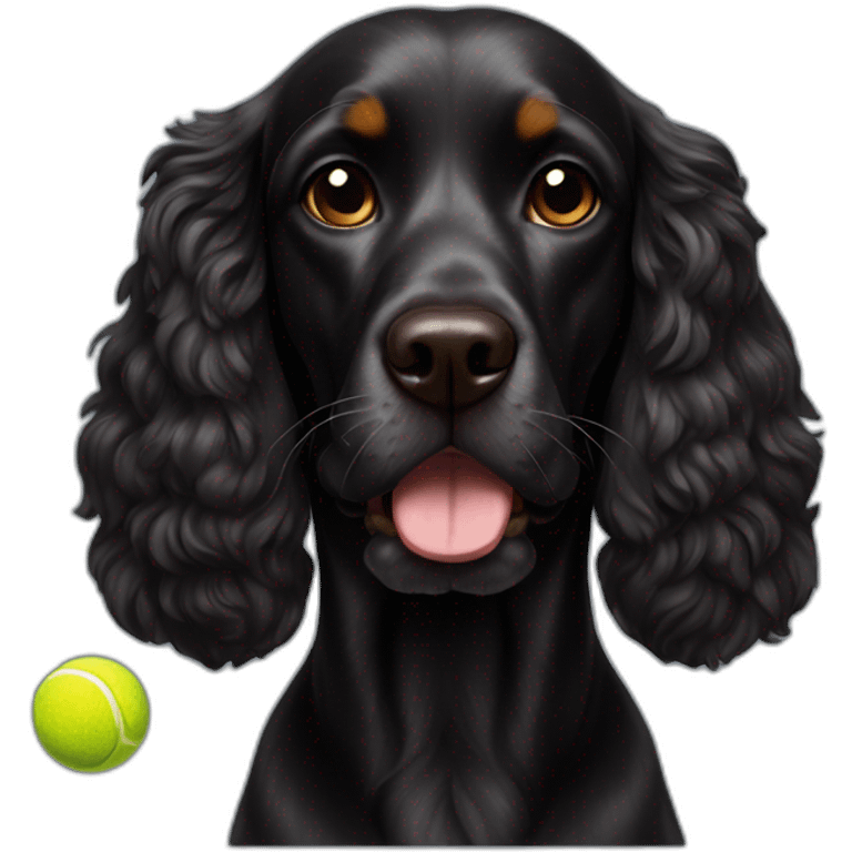 Full black cocker with brown eyebrow and a tennis ball in mouth emoji