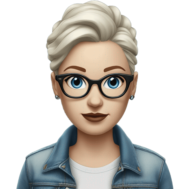 Create a Hyper Realistic pale beautiful tattooed 3D woman with glasses and blue eyes wearing denim jacket emoji