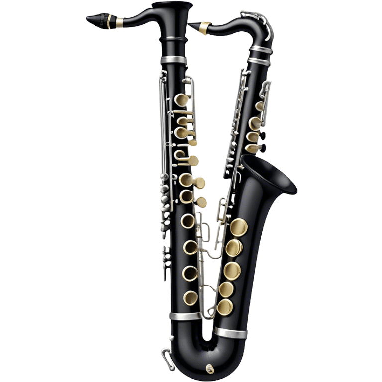 Create a sleek and professional emoji representing a black standard clarinet. The design should feature a smooth, glossy black body of the clarinet with shiny, silver keys clearly visible. Highlight the intricate details of the mouthpiece and reed at the top, while the body of the instrument should remain simple and elegant. Add subtle musical notes or soundwaves floating around the instrument to symbolize its clear, melodic sound. Use black for the body, silver for the keys, and soft lighting effects to give the instrument a polished, sophisticated look. The background should be transparent. emoji