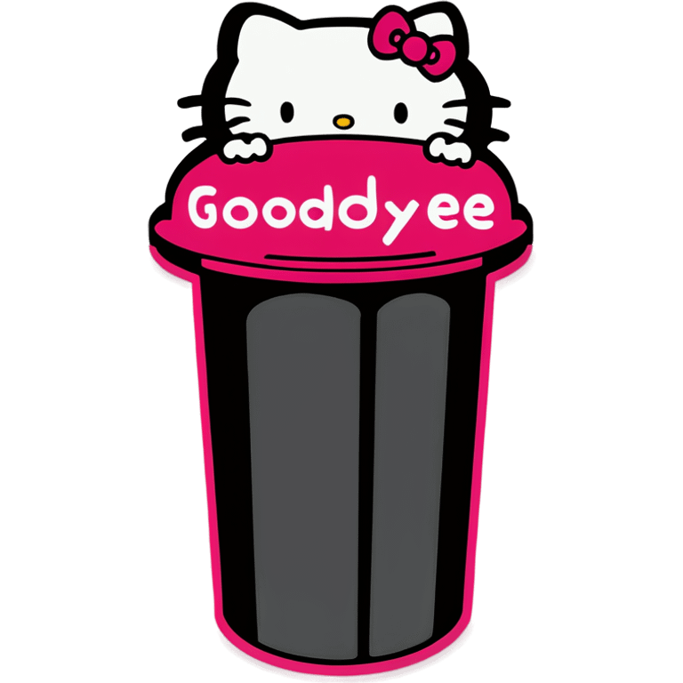 A trash bin that says GOODBYEEEE with hello Kitty in it emoji