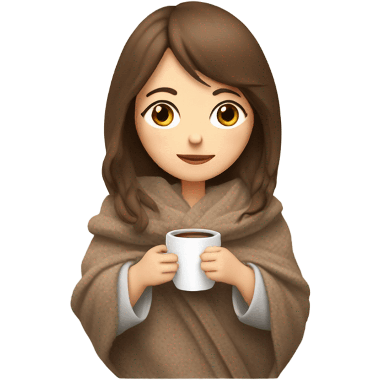 White brunette girl with bangs inside a blanket sipping coffee eyes closed emoji