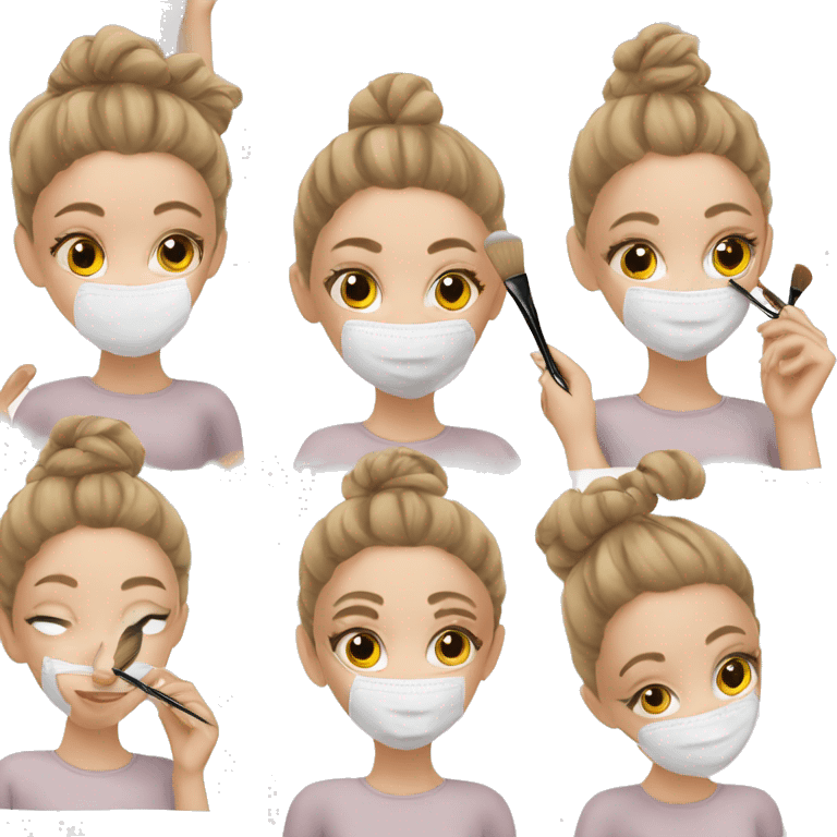 white girl with bun applies mask on face with brush emoji