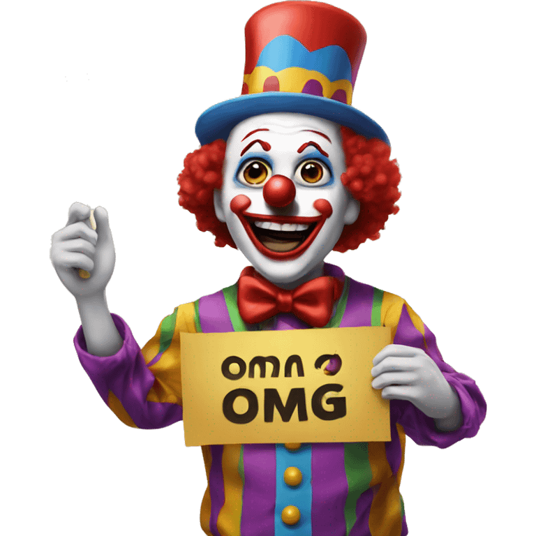 Clown holding a sign stating, "OMG" emoji