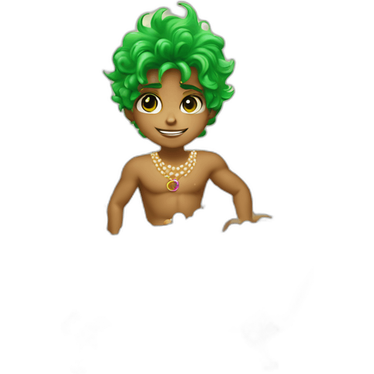 Posh-muscle-boy-with-green-eyes-and-rainbow-hair-and-pearl-necklace-in-golden-bathtub emoji