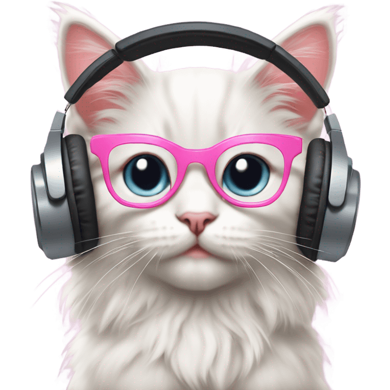 “Digital illustration of a fluffy kitten with large pink glasses and modern headphones, in emoji style, with a minimal pastel background.” emoji