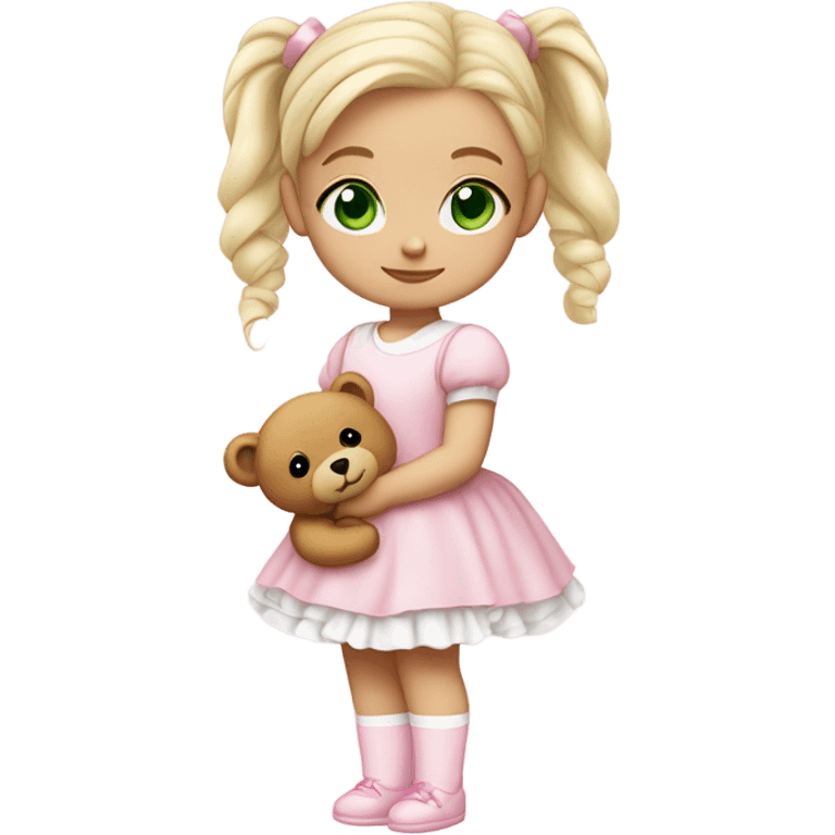 Little  babygirl with White skin, green eyes. Light blonde hair in two ponytails, with light pink bows.  She is wearing a light pink and White dress, holding a teddybear with a pink bow. emoji