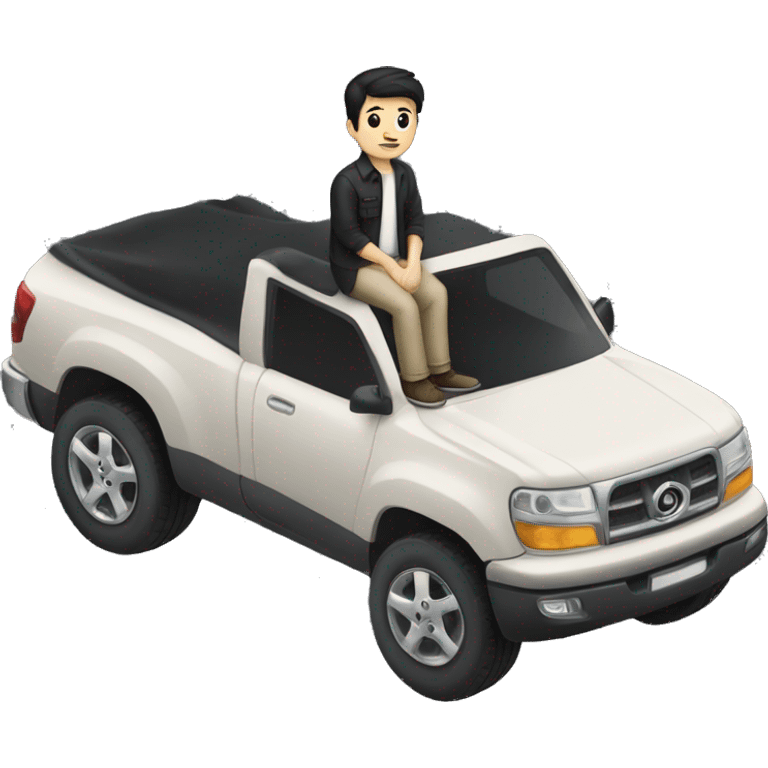 (A man with pale skin and black hair), (sitting on top of a black car) emoji