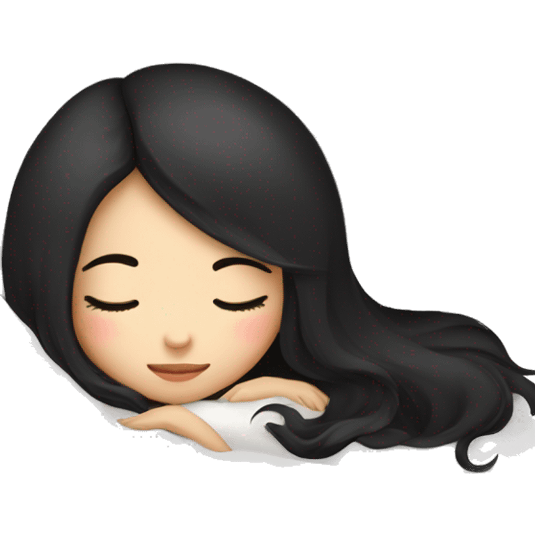 asian cute girl with long beauty black hair sleeping with white blanket and pillow emoji