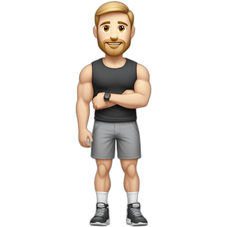 Full height Pale skinned fit man With biceps, Realistic eyes and mouth, light brown hair and stubble In dark gray sleeveless mike, black oversize sports shorts, watch and white sneakers. emoji