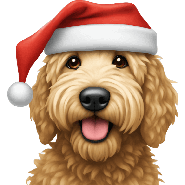 Golden doodle wearing a Santa hat emoji