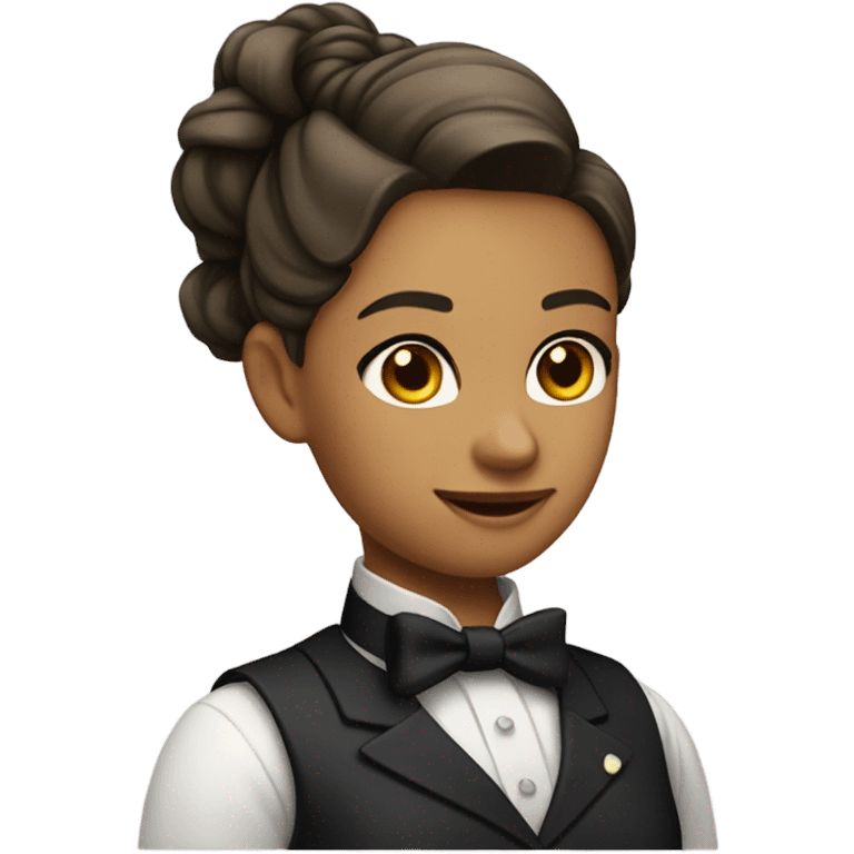 a female butler with a professional and elegant demeanor. She has her hair neatly tied in a ponytail and wears a classic butler uniform, including a tailored vest, crisp white shirt, and bow tie. emoji