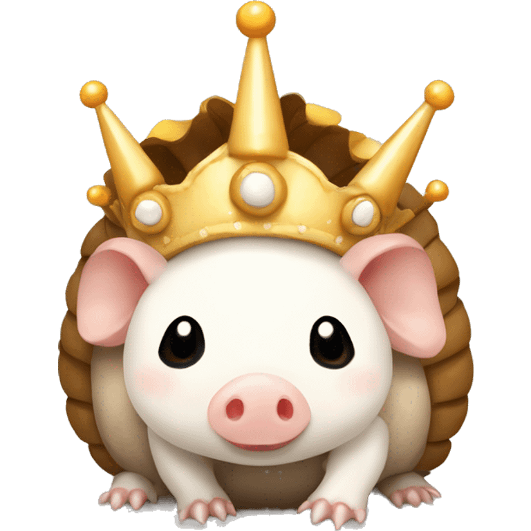 Beige and white piebald chubby round armadillo pig panda centipede armadillo wearing a crown emoji