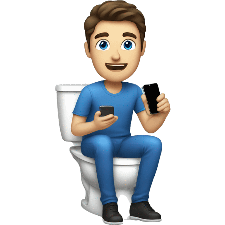 Brunette man with blue eyes sitting on the toilet holding a phone emoji