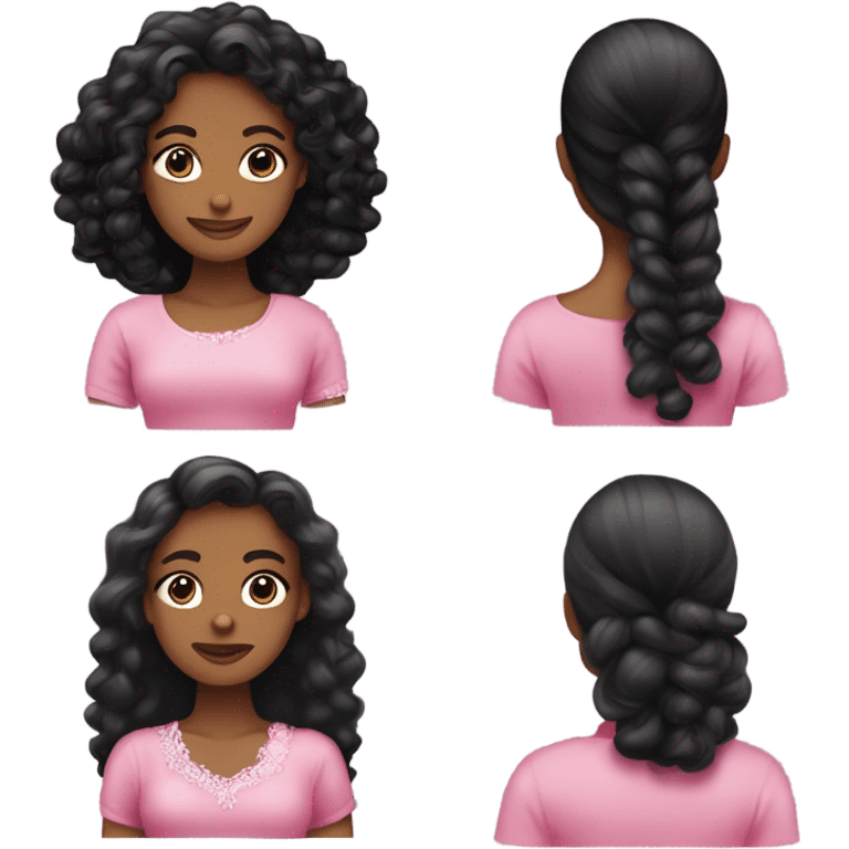 uma menina negra de cabelos enrolados e castanhos claros com um laço rosa e uma roupa elegante e rosa emoji