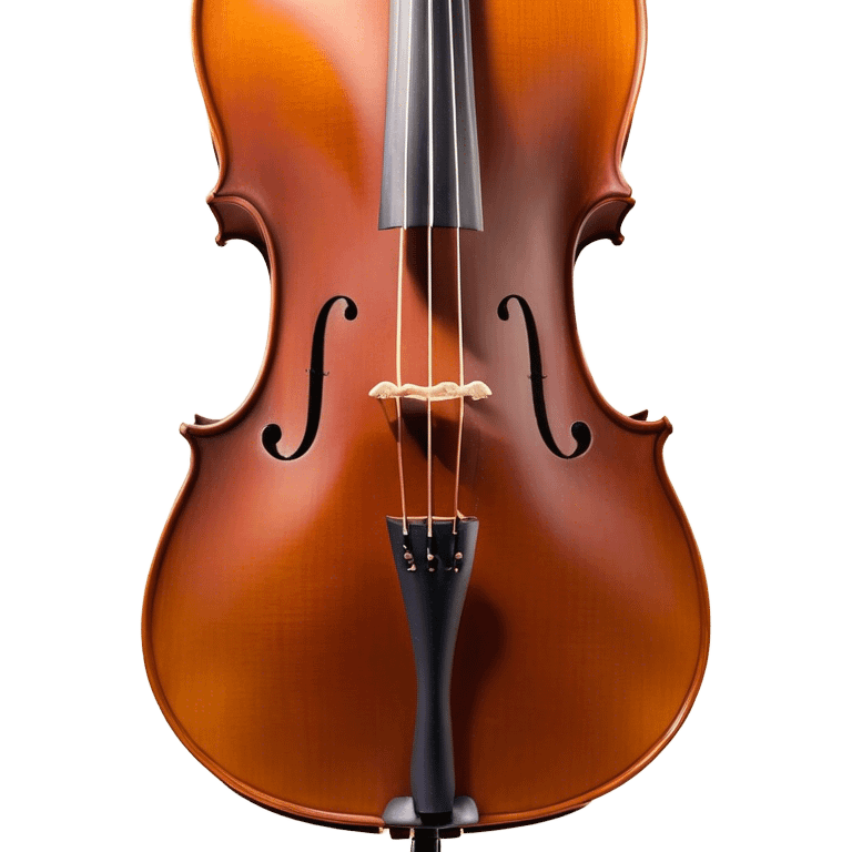 Create an elegant and refined emoji representing a Cremona 4/3F 4/4 cello with bow. The design should feature the distinctive, finely crafted body of the cello, highlighting its rich wooden finish and gracefully curved shape. The bow should be included, with visible horsehair and a polished wooden stick. Add subtle details like tuning pegs and strings to emphasize the precision and craftsmanship of the instrument. Use warm wood tones, deep brown, and soft metallic accents to reflect the high quality of the Cremona cello. The background should be transparent. emoji