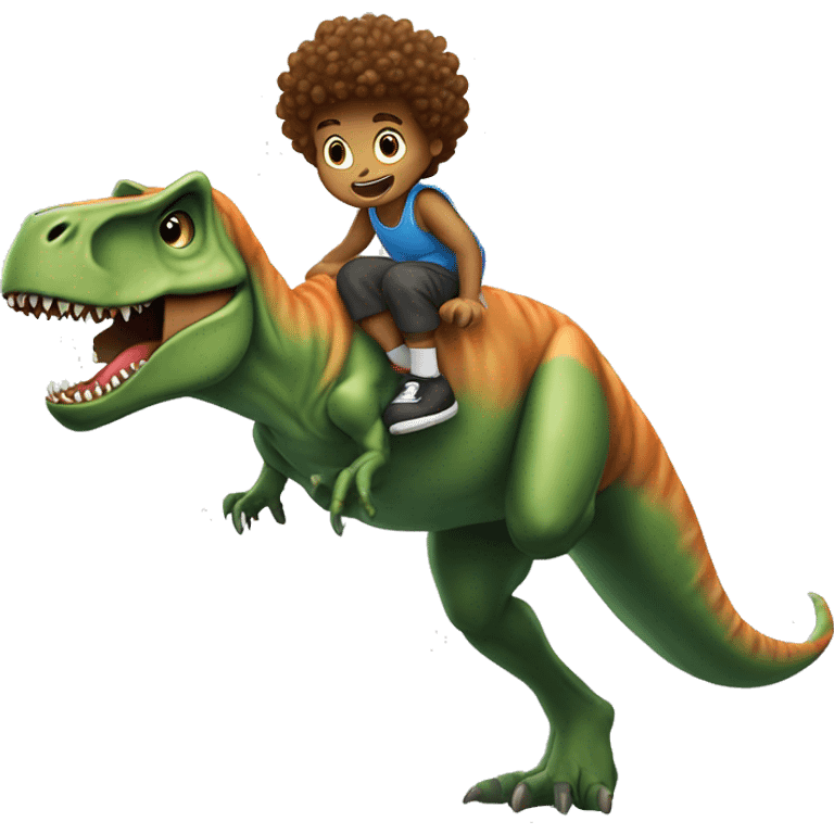 curly haired boy dunking on a T-rex emoji