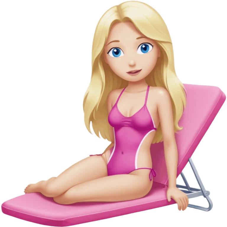  realistic blonde with long hair and blue eyes is lying on a chaise longue in a pink swimsuit, sunbathing in the sun emoji