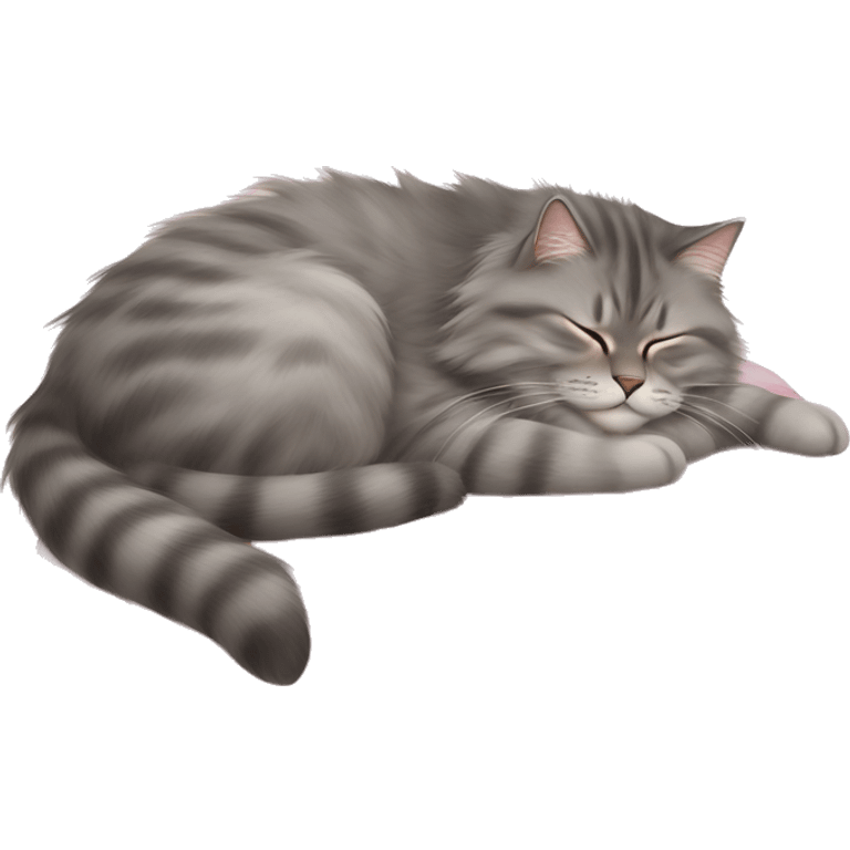 Gray siberian cat sleeping on light pink bed emoji