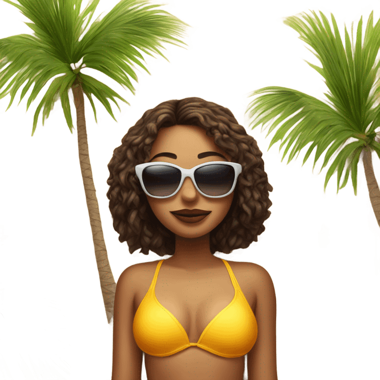 girl lies on the sand in a swimsuit and sunglasses, against the backdrop of a palm tree emoji