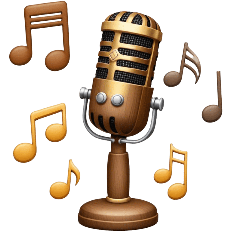 Create a warm and inviting humanless emoji representing folk singing. The design should feature a traditional microphone, perhaps with a wooden texture, symbolizing the rustic and authentic feel of folk music. Surround the microphone with subtle elements such as a hand-played tambourine, an accordion, or a balalaika to reflect the folk instruments. Add flowing musical notes to symbolize the vocal melodies. Use earthy, natural colors like browns, reds, and greens to evoke a sense of tradition, warmth, and connection to the community. The background should be transparent. emoji