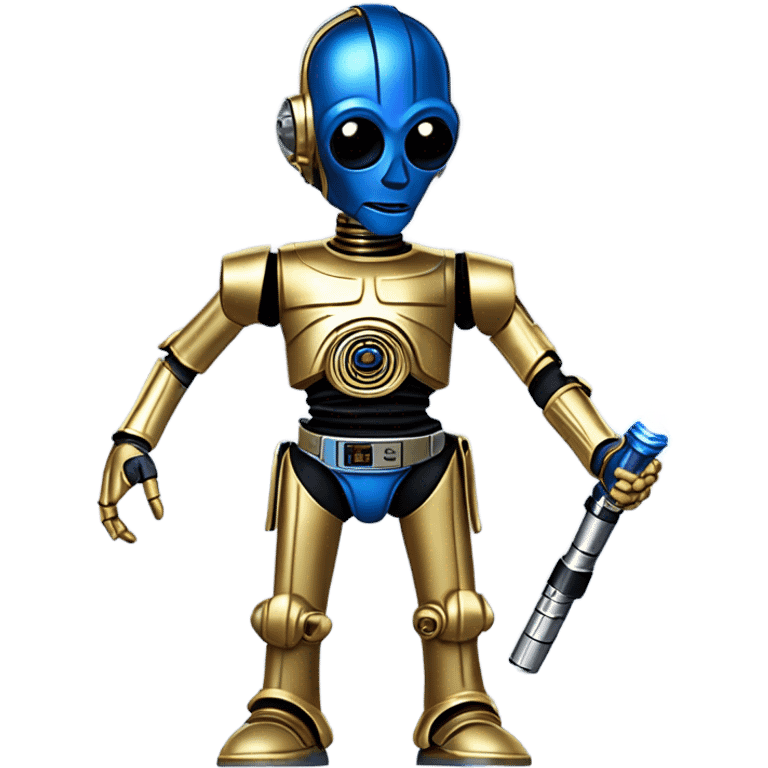 darkblue-pearl smiling bounty hunter c3po droid wearing backpack, saddlebags and light saber ready to fight at ease emoji