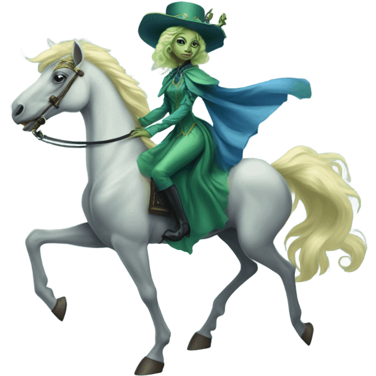 "galora green blonde alien woman" in blue Victorian dress elegant, full body, on pegaso emoji