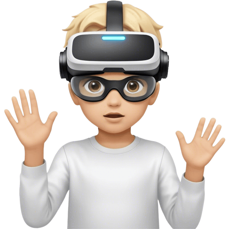 Child wearing virtual reality glasses, with a curious and engaged expression, exploring the digital world through VR technology. emoji