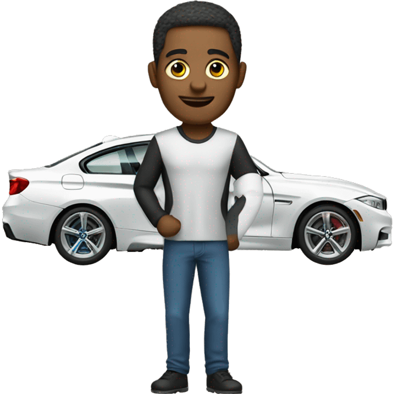 A man with a car behind him and a BMW emoji