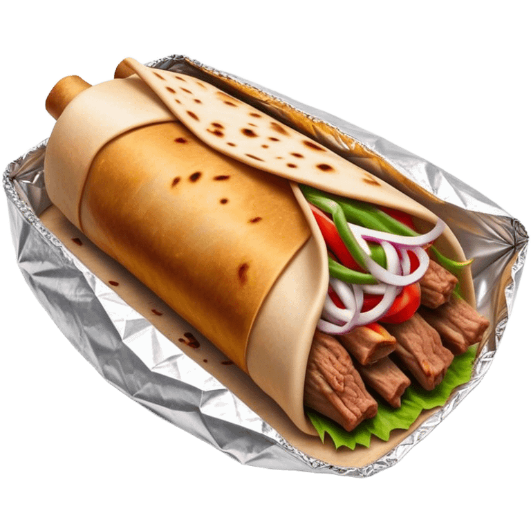 Doner Kebab Cinematic Realistic Doner Kebab Dish Emoji, depicted as iconic, spiced meat wrapped in foil and paper, rendered with lifelike textures and dynamic, appetizing lighting. emoji