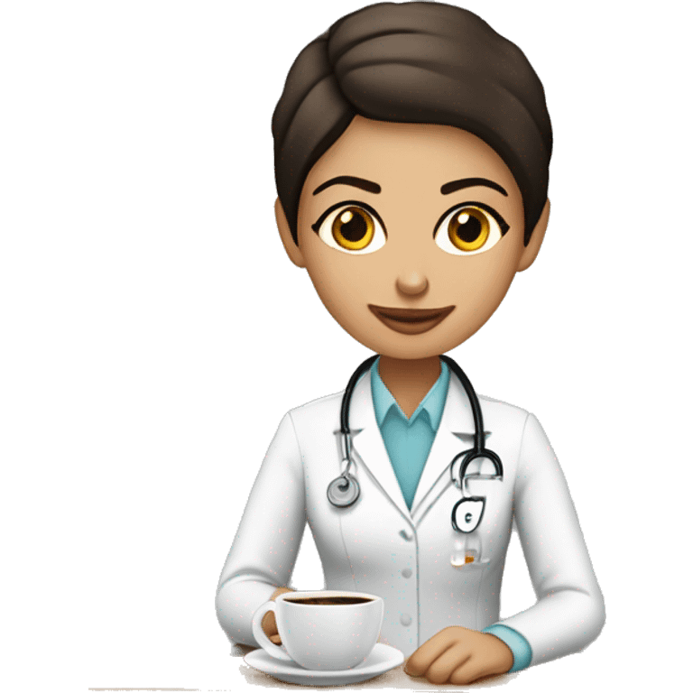 doctora morena de pelo largo con un café trabajando  emoji