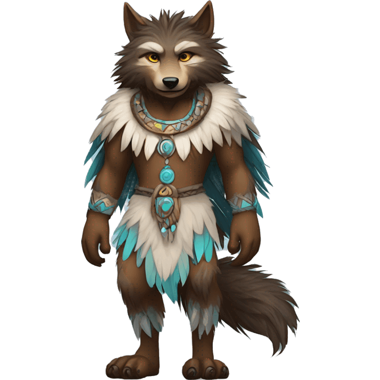 Fluffy Shy Spiritual Shamanic WereWolf With Shiny Tribal Markings wearing feathers Full Body emoji