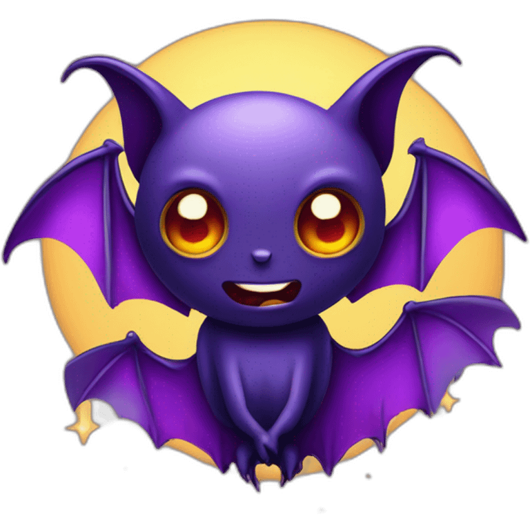 purple and black evil face vampire bat anime sparkle eyes wings flying in front of large dripping crescent moon emoji