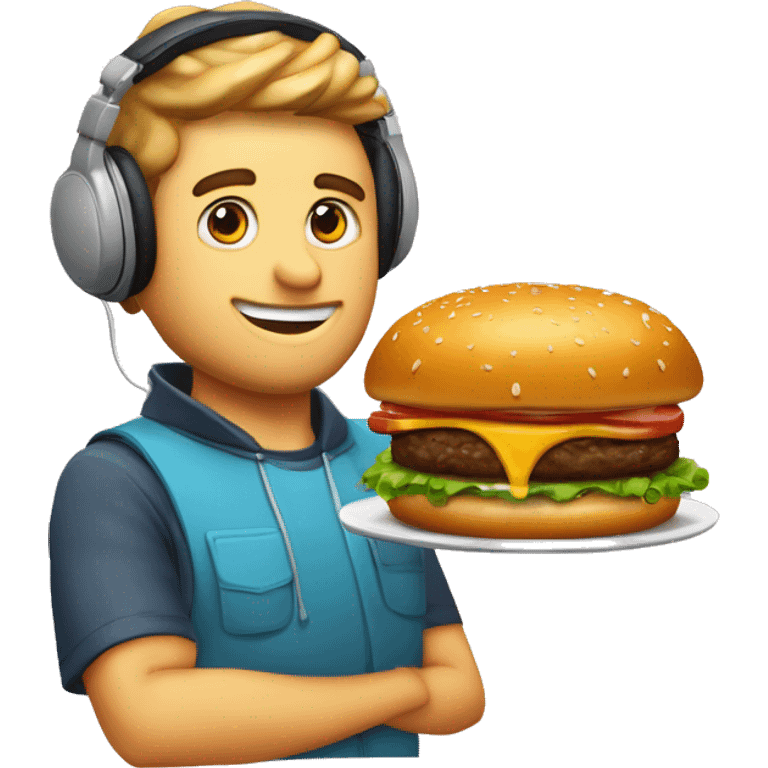 gordo con anteojos y auriculares camiseta que dice renzown y una hamburguesa grasosa en la mano emoji