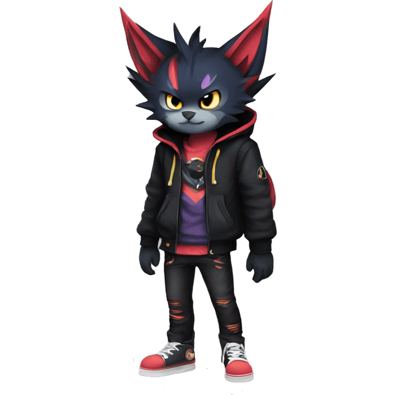 Cool Anthro Black Noibat-Quilava-Litten-Pokémon with edgy stripes hoodie spiked collar punk Full Body emoji