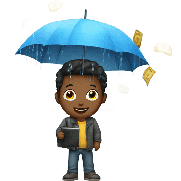 Boy holding umbrella cash raining down emoji