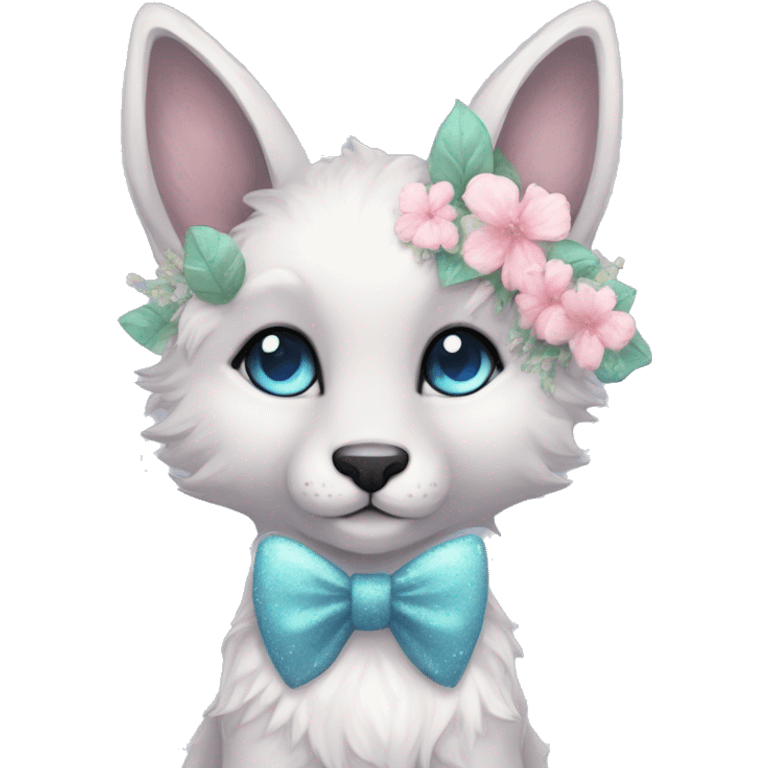 Anthro Cute Cool Pastel Kawaii gorgeous sparkly ethereal fantasy animal creature with blue eyes furry sona with flowers and bow tie beautiful aesthetic emoji