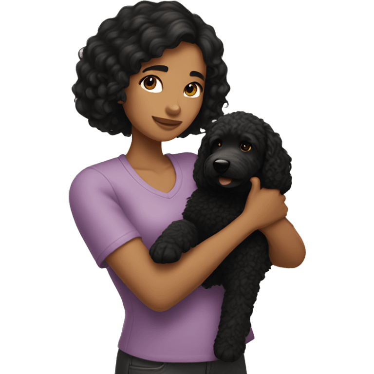 Girl with black hair holding golden doodle in her arms  emoji