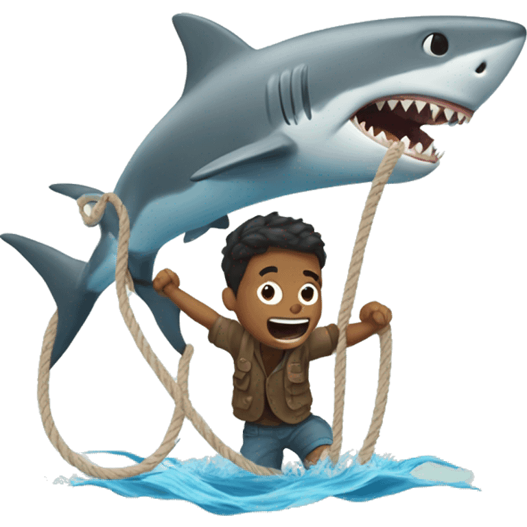 man holding a sharkwith a rope around its mouth and jumping out of water with it emoji