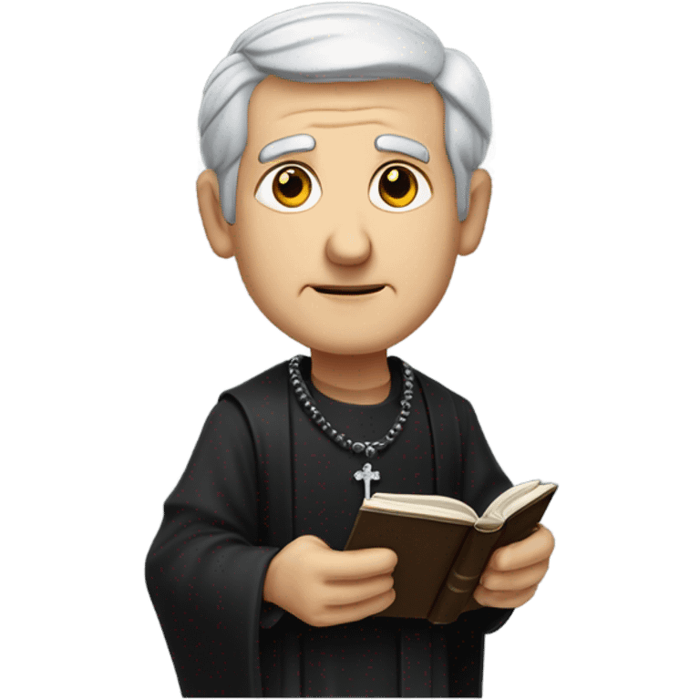 "An older man with grey hair, a weathered face, and a solemn expression. He wears a black robe with a clerical collar and holds a Bible or rosary, standing in a modest church." emoji