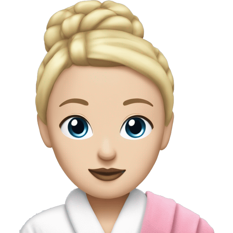 White girl with blonde hair in a bun and blue eyes and pink lips with a spa towel on her head and a robe on emoji