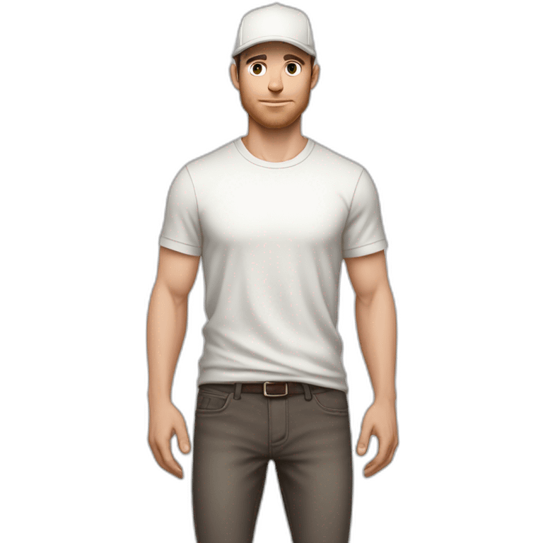 Pale skinned fit Man with dark brown hair in a light gray cap, dark brown jeans, brown polo and white T-shirt keeping a pasted with tape white box into his hands emoji