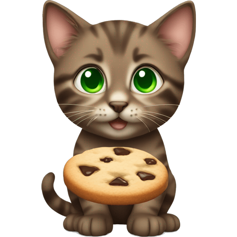 Little brown kitten with green eyes eating a cookie emoji