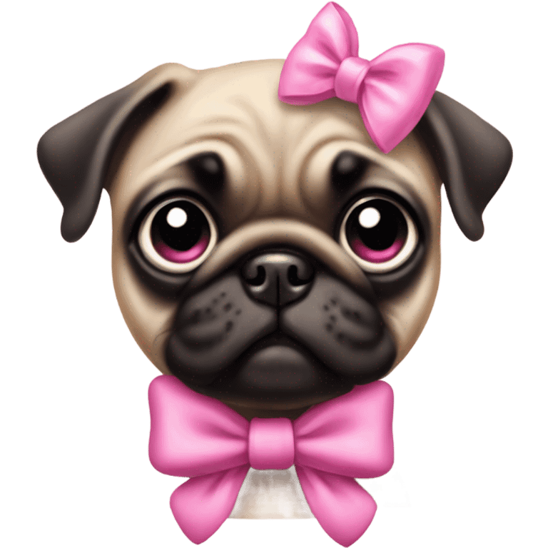 Baby pug with big pink
eyes wearing a pink bow on her head sitting in daisy's  emoji