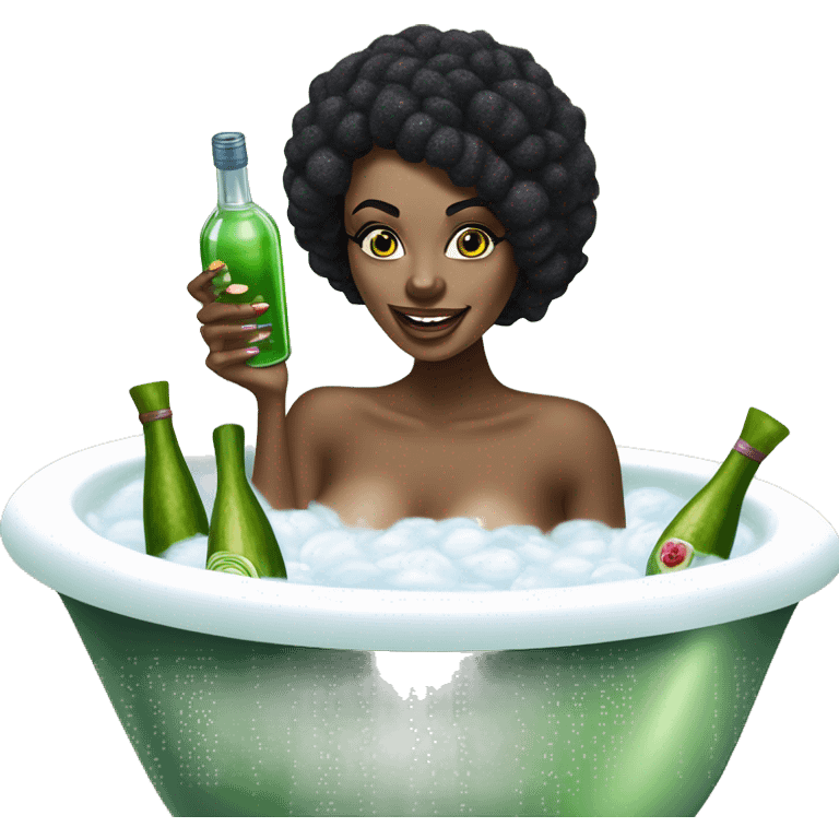 Girl with white towel wrapped around hair and cucumbers on eyes with manicure  holding a martini glass and bottle in black high heels kicking feet out in bubble bathtub  emoji