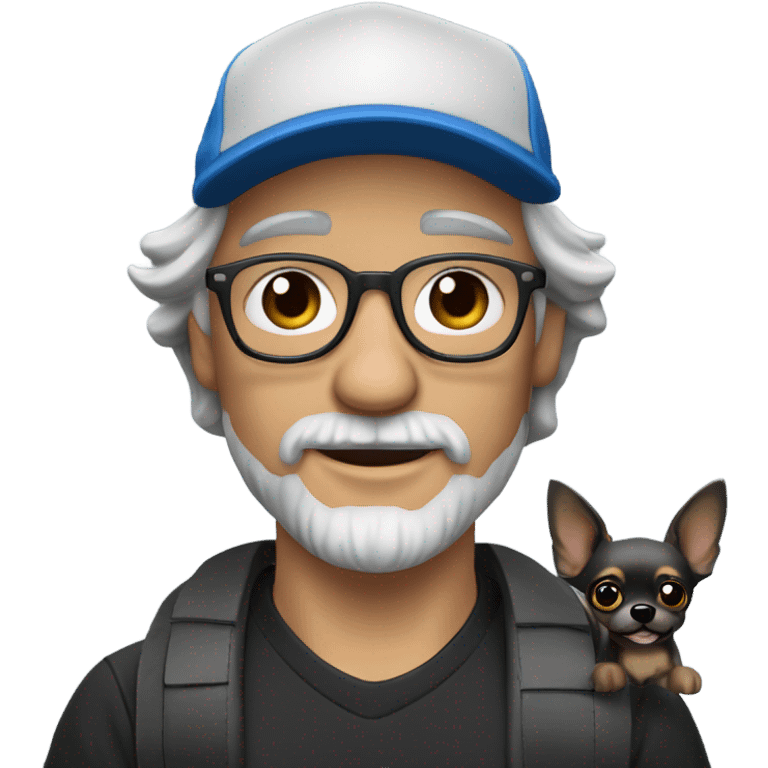 Handsome man wearing ball cap with gray goatee and gray hair and blue eyes holding all black long haired chihuahua emoji