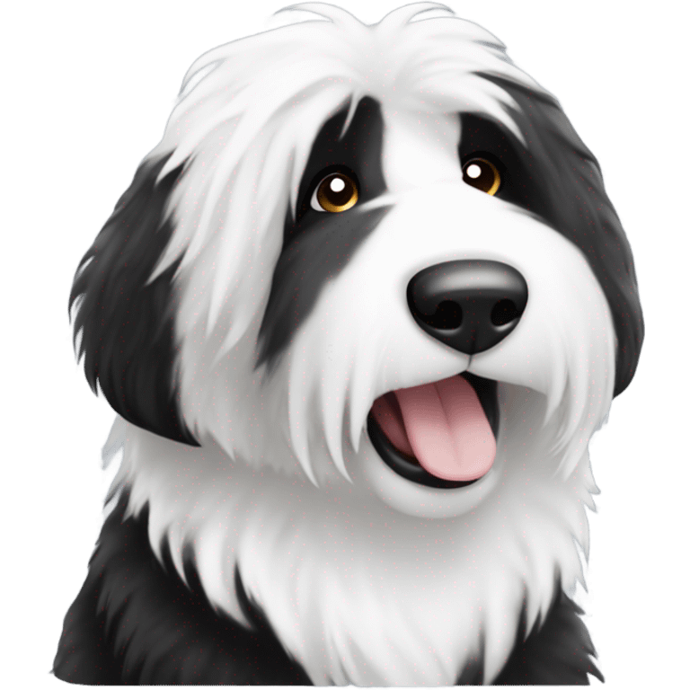 Old English sheepdog with a half and half face like a black and white cookie emoji