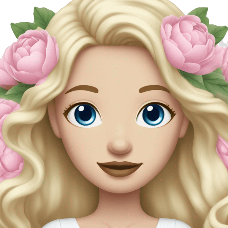 White bride with long light blonde hair and blue eyes with light pink peonies in hair white skin  emoji