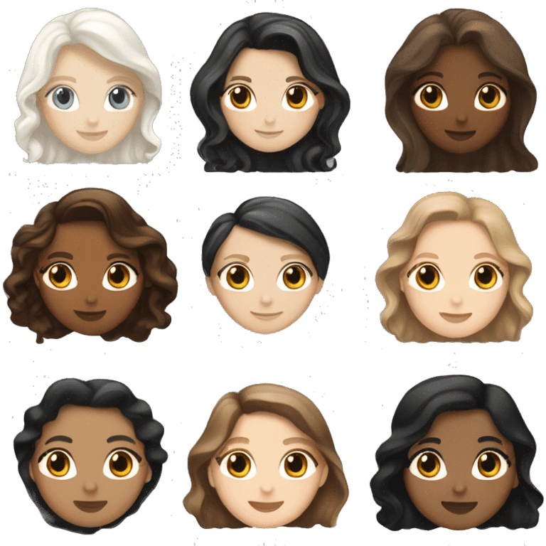 a white girl with long brown hair holding a mexican girl with long black wavy hair. then a white girl with long black hair holding a white girl with long light brown hair.  emoji