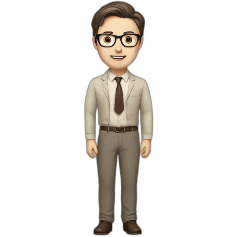 Full height Pale skinned fit man with dark brown hair in gray jacket, beige office shirt, brown tie, brown pants and vintage glasses. His right hand stretched out emoji