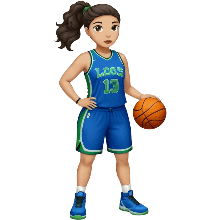 full body plus size light skin latino women basketball player with wavy dark hair in pony tail wide nose wearing blue uniform with green accent emoji